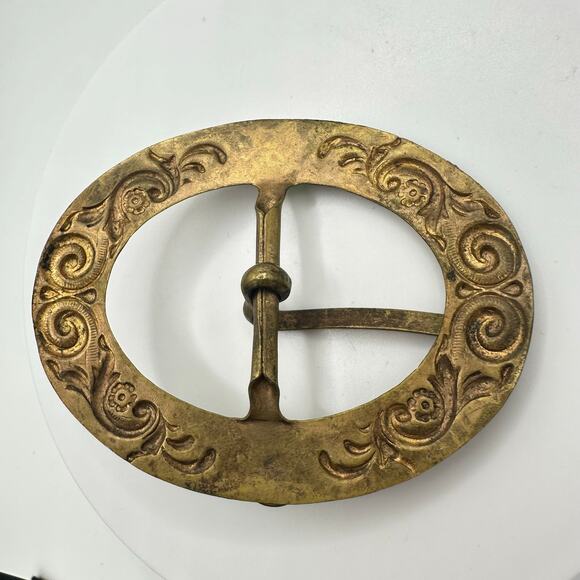 Antique Art Nouveau embossed gold tone brass green rose cut glass belt buckle main image 3